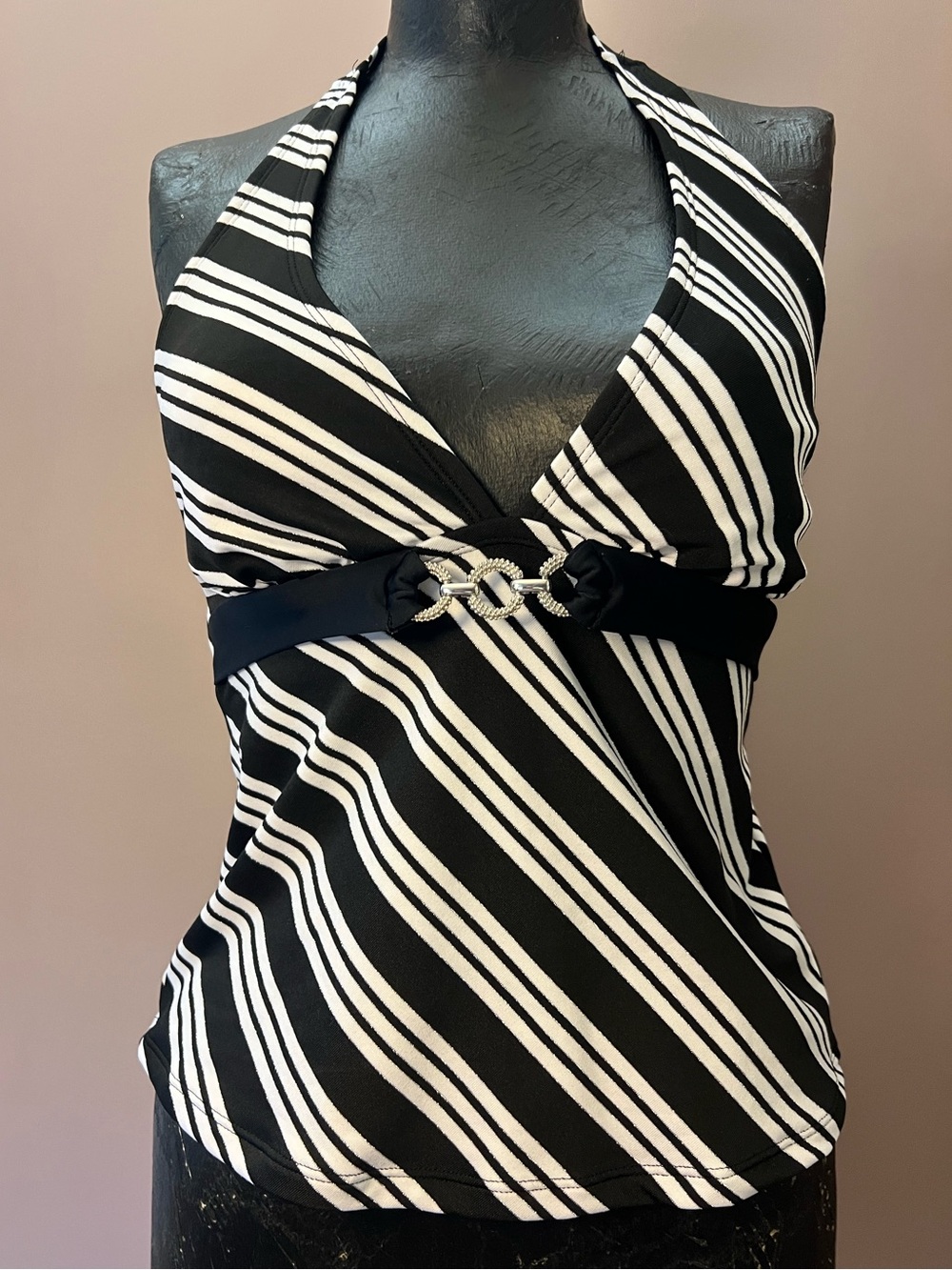 Y2K Style Black & White Silver Thread Tankini  w/ Belt Accent Halter Top Swim S